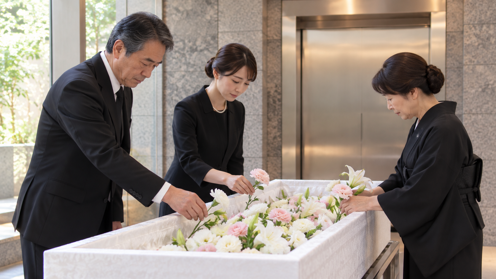 火葬前室で棺に花を手向ける三人の家族