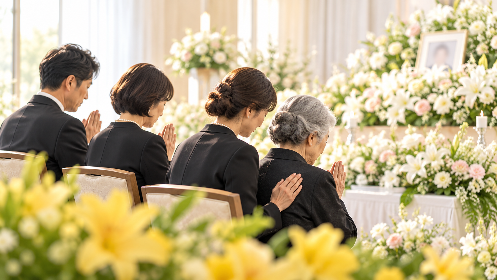 花祭壇に向かい家族で手を合わせるお別れ