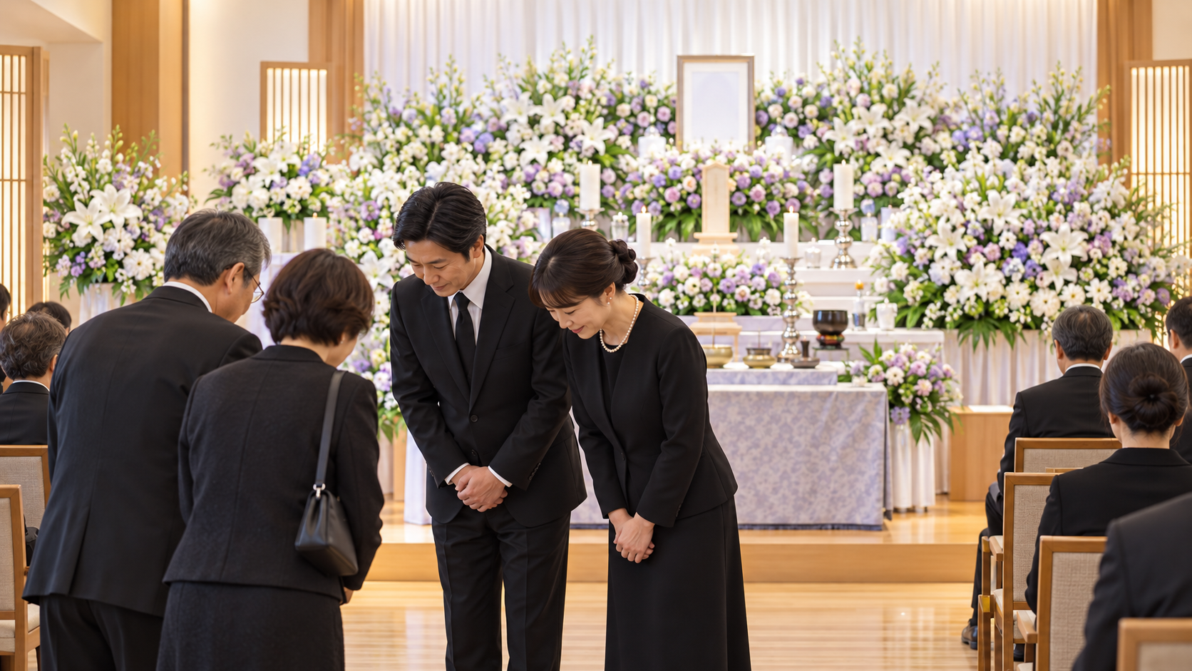 華やかな花祭壇を背景に挨拶を交わす参列者