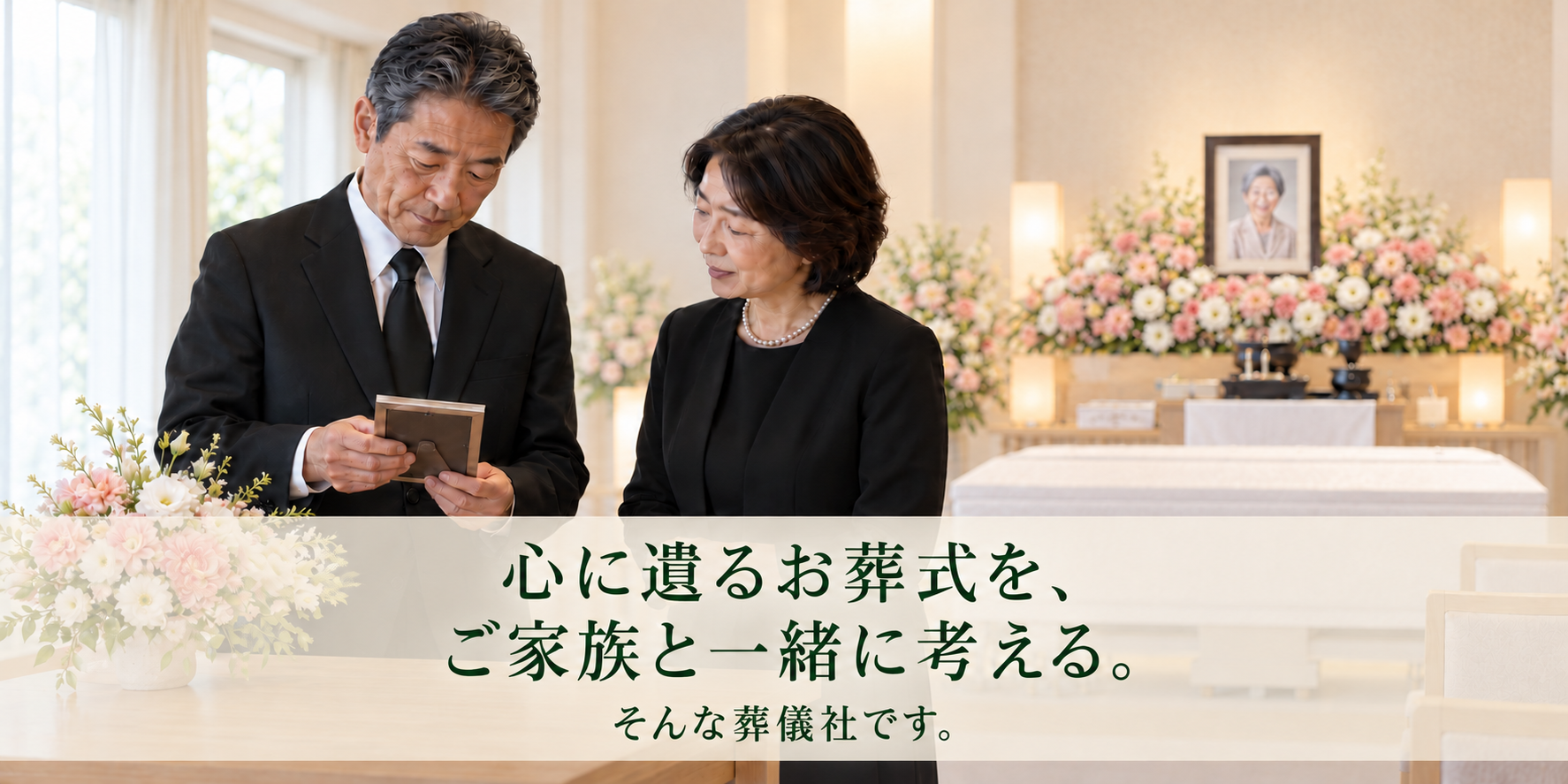 心に遺るお葬式を、ご家族と一緒に考える。そんな葬儀社です。家族葬をイメージしたAI生成写真