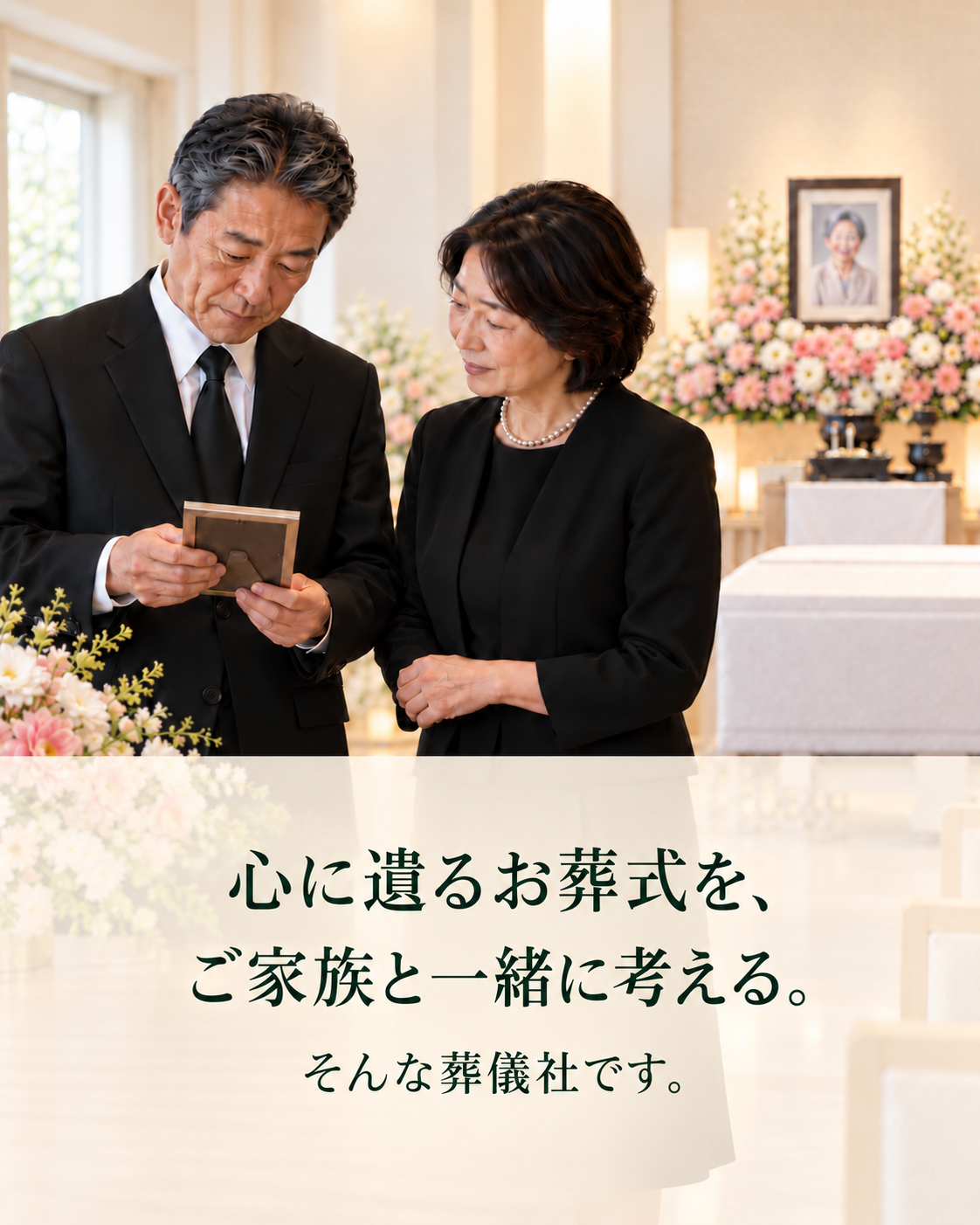心に遺るお葬式を、ご家族と一緒に考える。そんな葬儀社です。家族葬をイメージしたAI生成写真