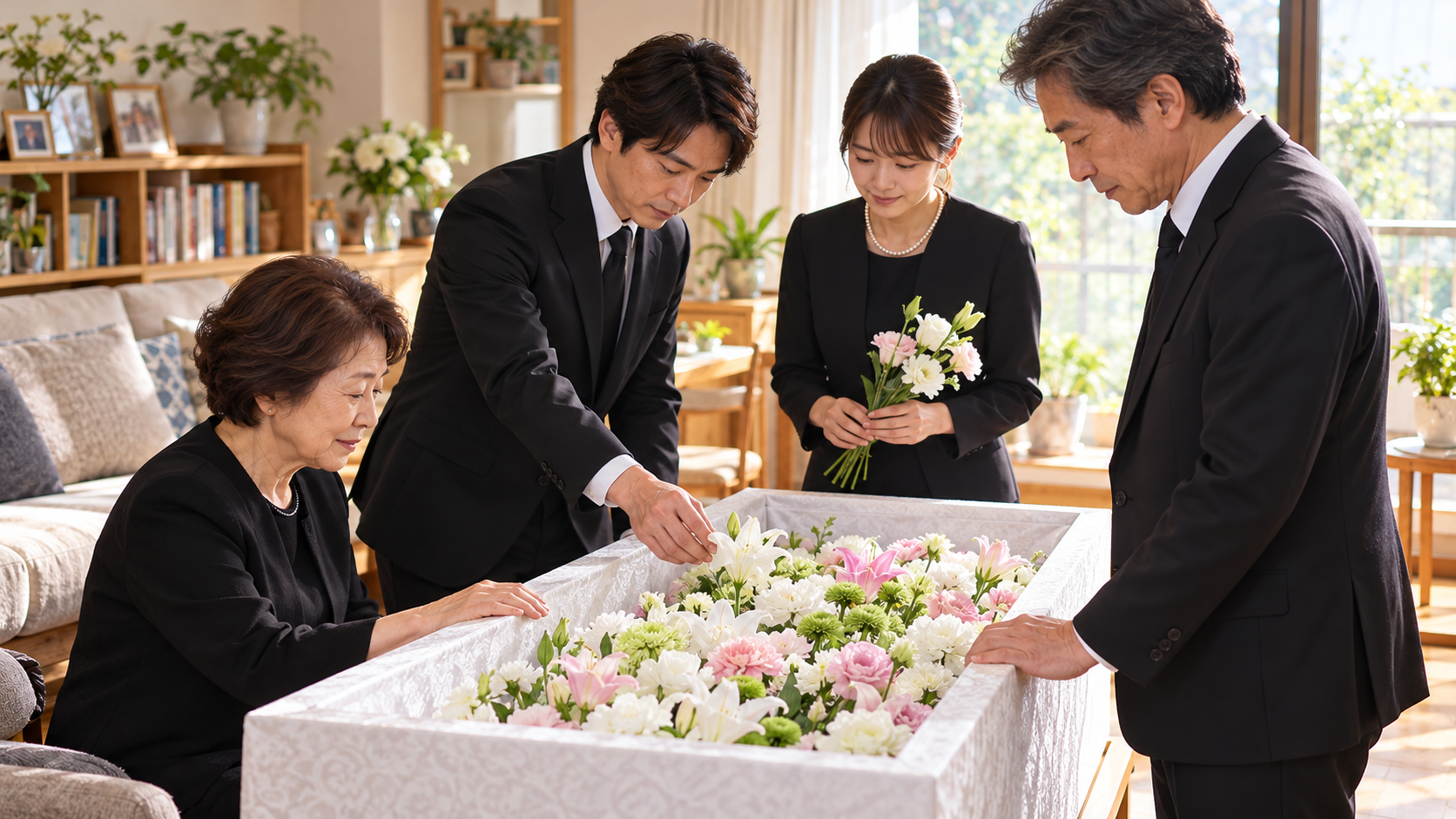 自宅のリビングで棺を囲み花を手向ける家族