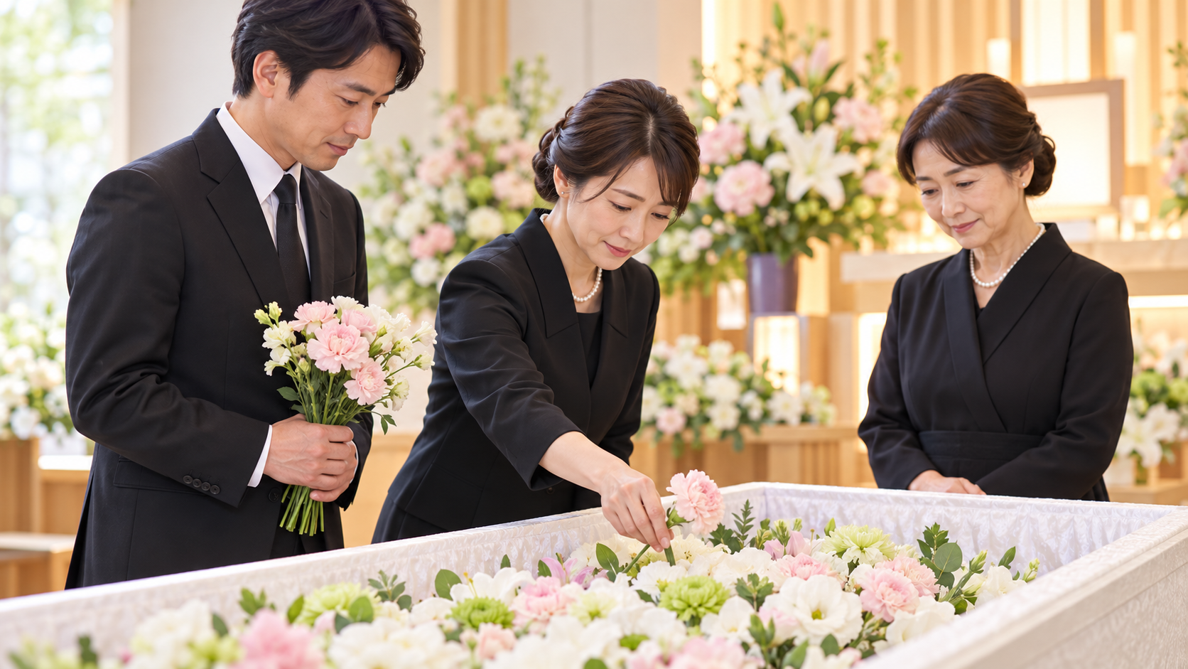 明るい式場で棺に花を手向ける家族