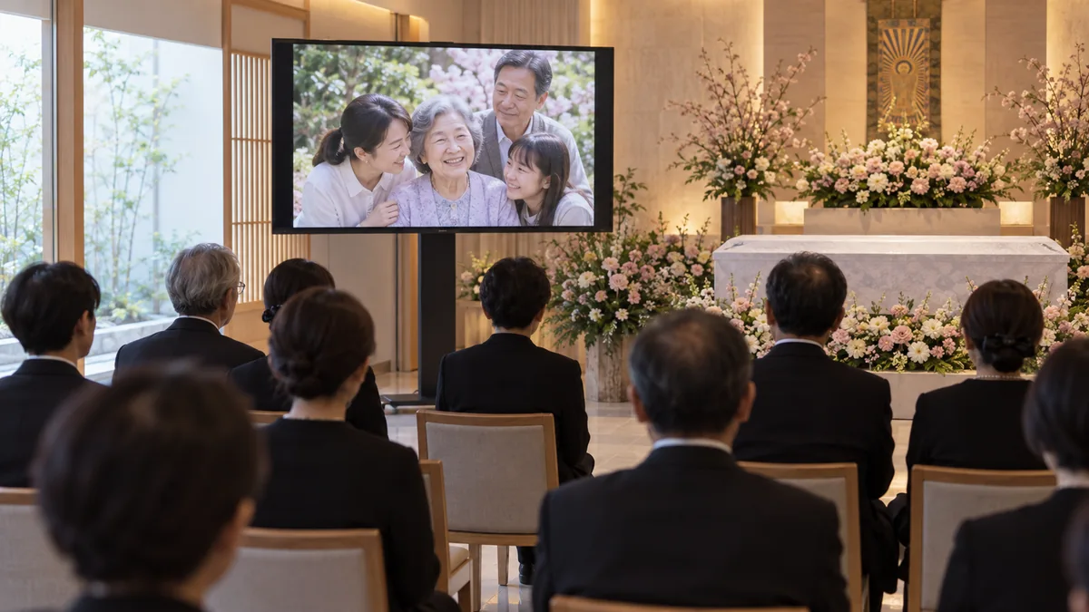 読経の前に故人の思い出映像を見るご家族をイメージしたAI生成写真